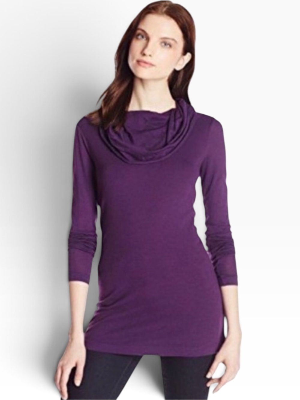 Three Dots Purple Draped Neck Off Shoulder Long Sleeve Cotton Top Size Small